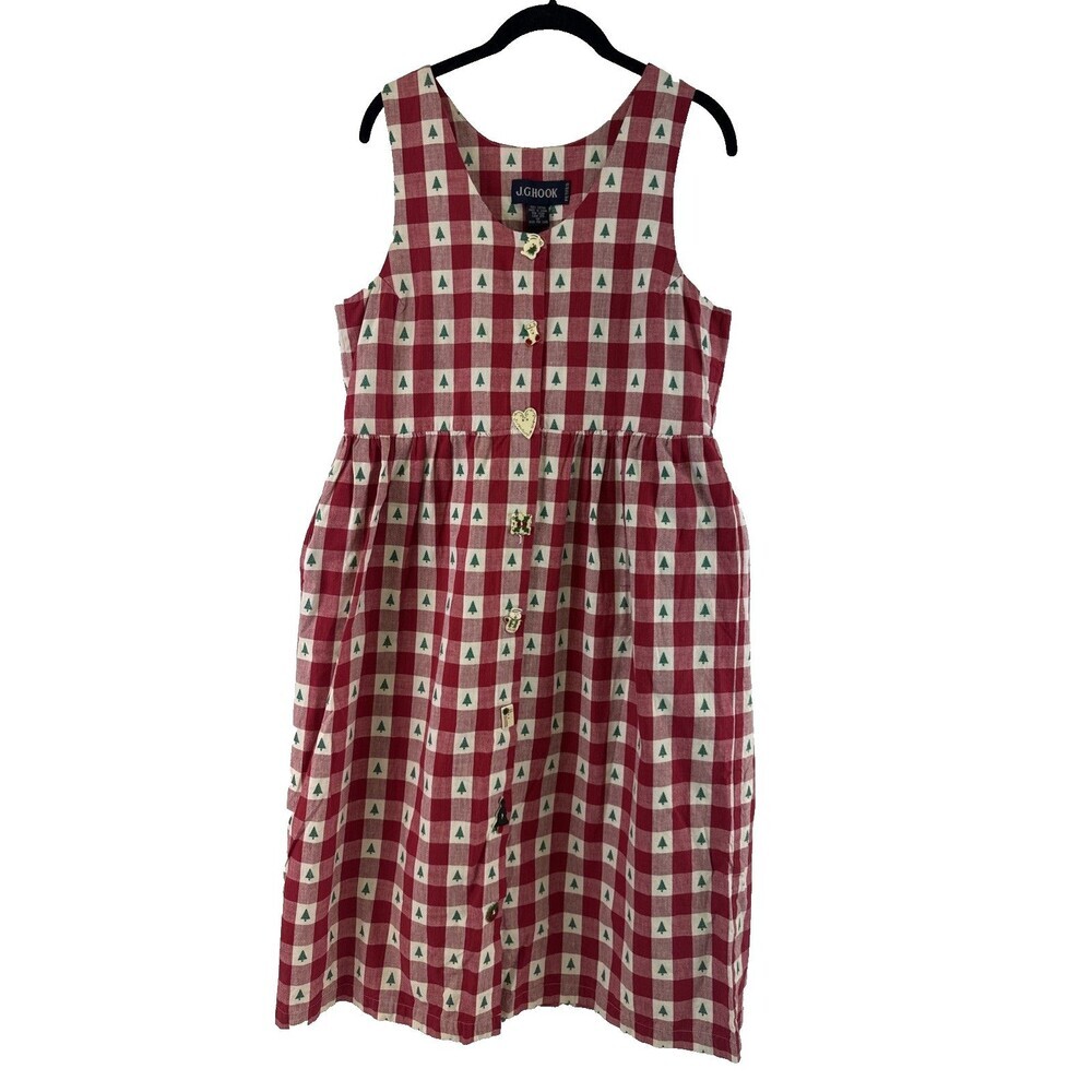 BOGO JG Hook Christmas Tree Red Gingham Dress Button Down Cotton Women 10 Petite